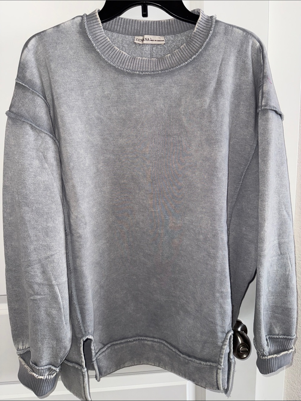 Zenana Outfitters Washed Light Gray Crewneck Sweater